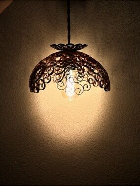 One Of A Kind Handmade Ornate Metal Pendant Light - Copper Tone